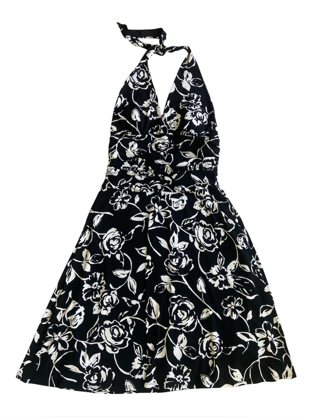 White House / Black Market Black & White Floral Halter Dress - Women size L
